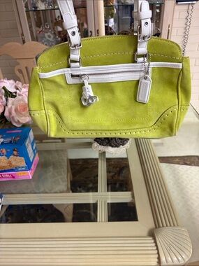 Coach Lime Green Suede Shoulder Bag with White Trim